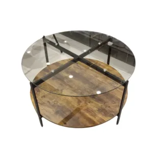 Mesas Redonda Auxiliar Baja De Vidrio y Madera Con Patas De Tubo